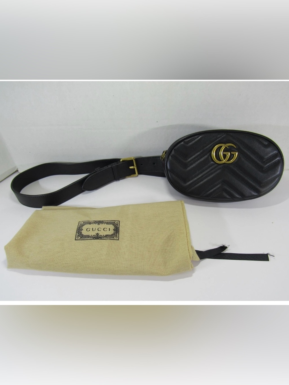 Gucci Black Chevron Leather Belt Bag with Gold Double G
